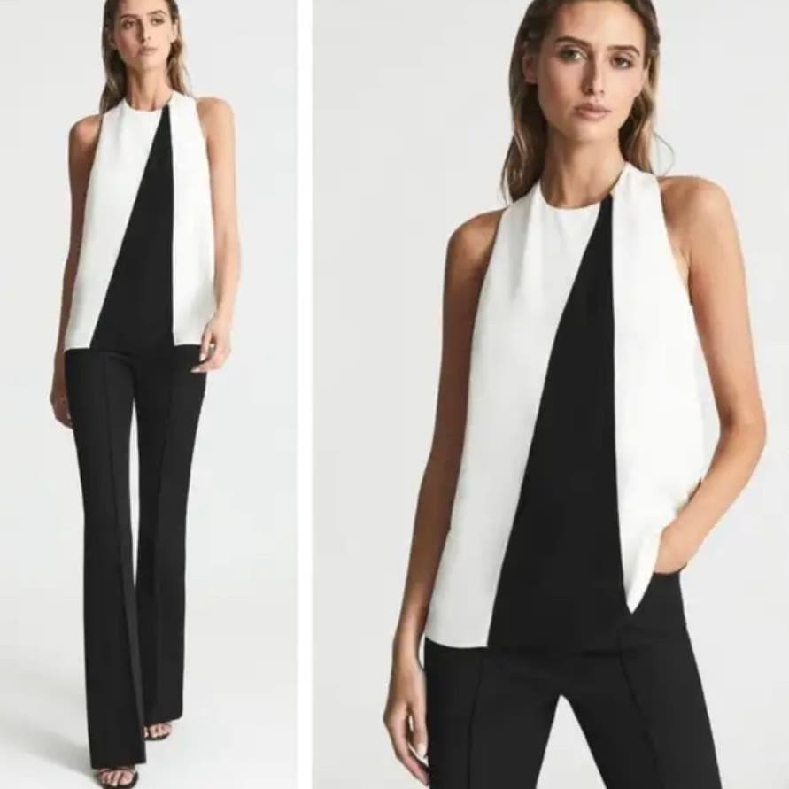 Reiss Sharon Colorblocked Blouse Top Sleeveless Black White Size 14 Nwt